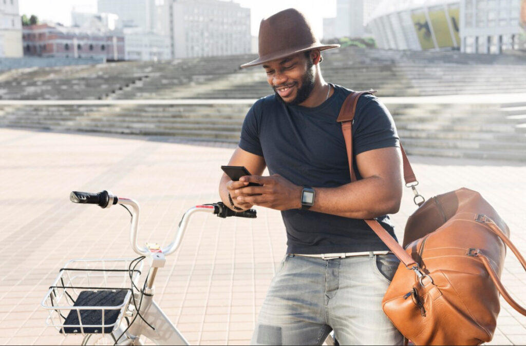 Traveler using eSIM for travel on a long road trip
