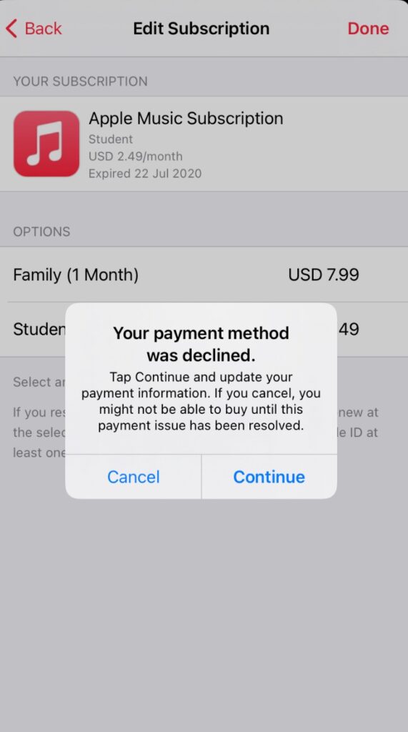 Apple Music Debit Card Error