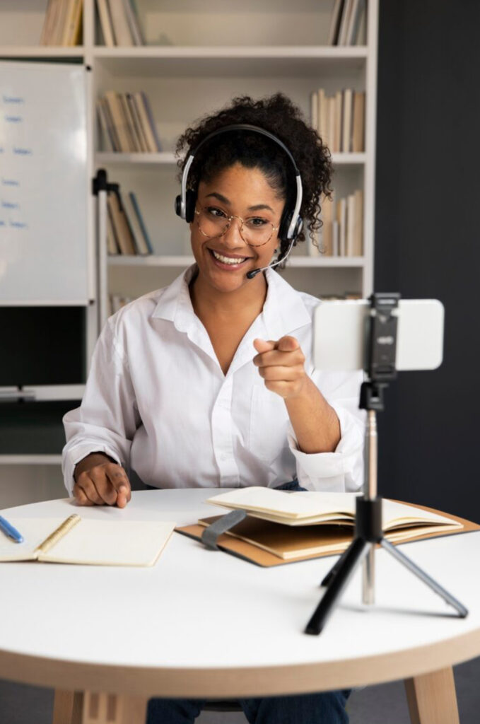 A cheerful person on a video call, showing “communication made easy”
